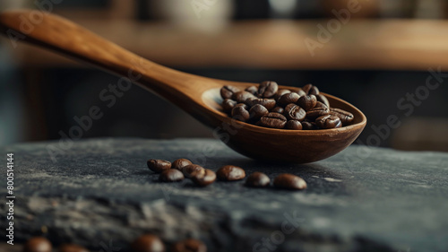 Close up de uma colher de madeira com grãos de café torrados sobre uma superfície de pedra preta photo
