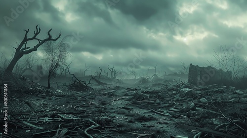 A dark and gloomy landscape with a dead tree and a ruined building. The sky is cloudy and the ground is covered in debris. photo
