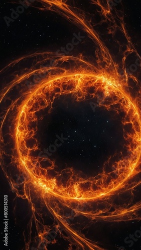 Fiery ring of orange, yellow flames burns brightly against backdrop of dark, starry sky. Wispy tendrils of fire extend outward from ring, creating sense of movement, energy.