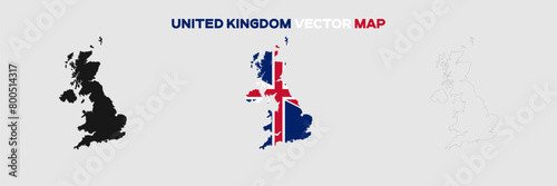UK Map Vector Pack. Map with Flag. Gray Map Silhouette. Gray Outline Map. Editable EPS file. 