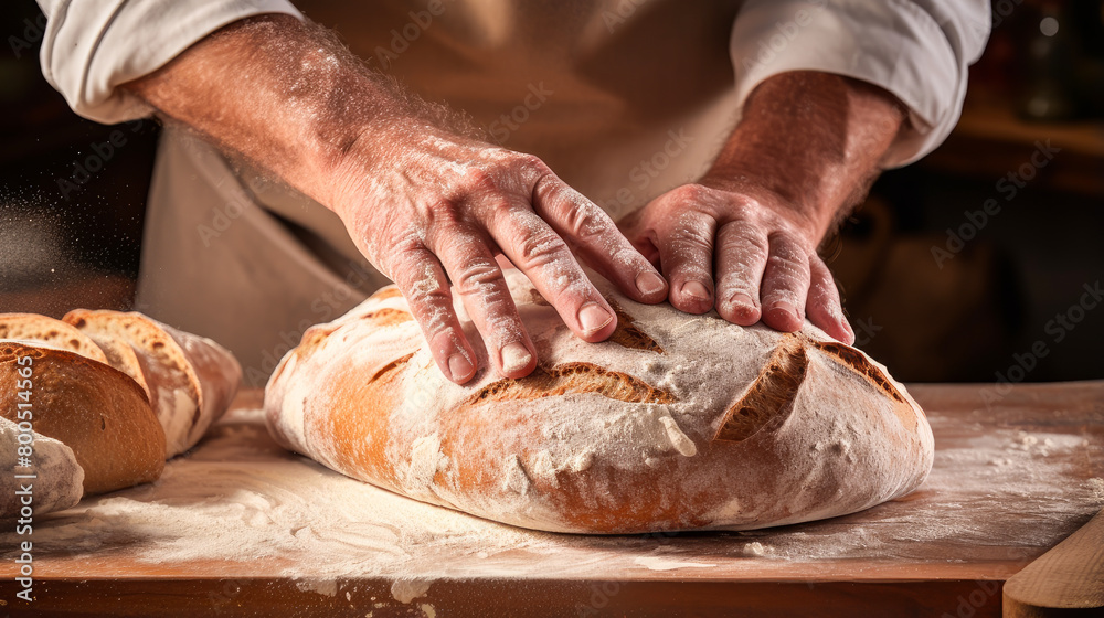 Baker's hands make Fresh aromatic bread with flour and dough on a wooden cutting board and wheat. Fresh classic pastries. Baker's hands make Fresh aromatic bread with flour and dough on a wooden cutting board and wheat. Fresh classic pastries.
