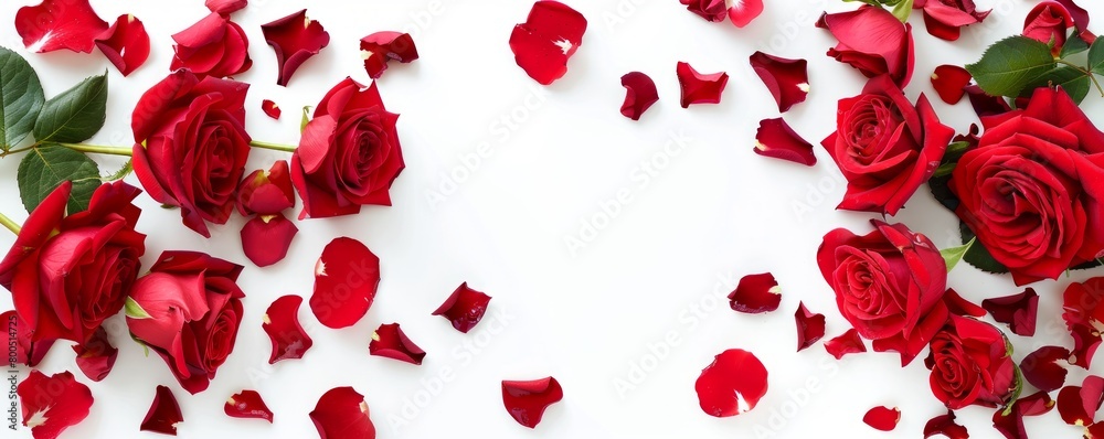 red roses flowers and petals isolated on white background. Valentine's day Floral frame composition. Empty copy text space