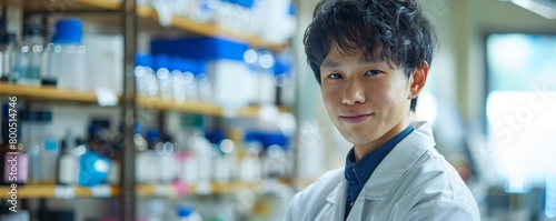 Young japanese male scientific in laboratory.