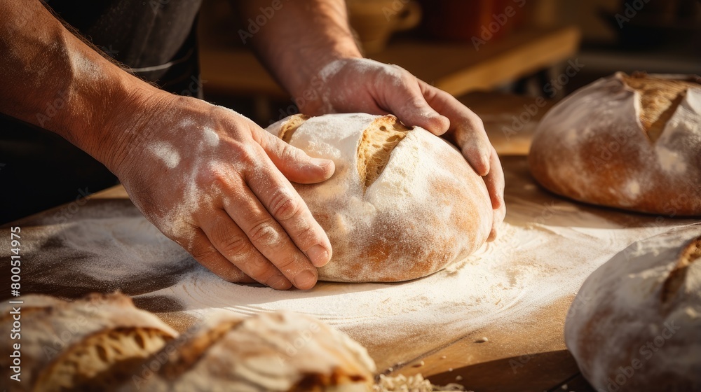 Baker's hands make Fresh aromatic bread with flour and dough on a wooden cutting board and wheat. Fresh classic pastries.