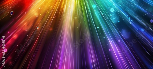 Colorful rainbow light rays background with a soft glow and lens flare effect on a black color. Vector illustration with glowing abstract lines. Rainbow gradient background design for a poster, cover,