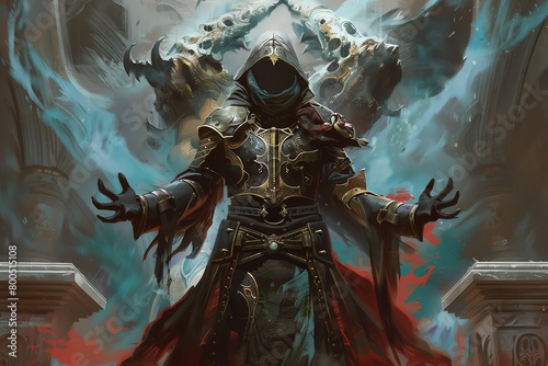 A dark figure in a black cloak stands in a ruined temple, surrounded by skulls and bones. The figure is surrounded by a blue mist and has its arms outstretched. photo