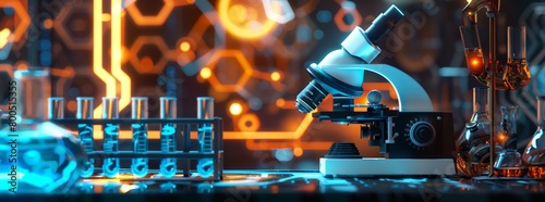 A microscope is placed on the table, surrounded by test tubes and glassware filled with blue liquid.  a futuristic atmosphere for scientific research or laboratory work., banner, photo