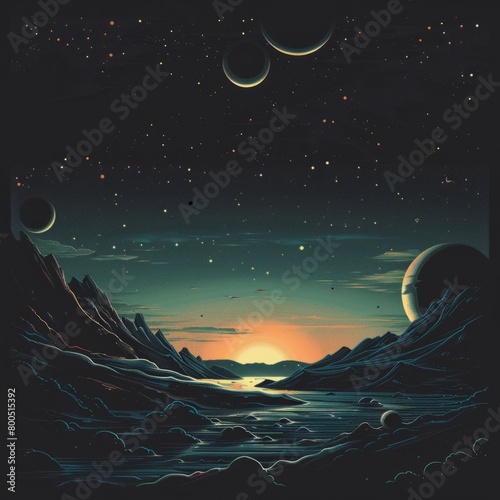 tranquility of a cosmic landscape with a vector scene illustrating a serene view of distant planets and moons. soft glow of celestial bodies against the backdrop of space