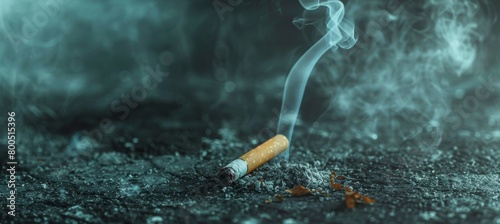 Cigarette smoking on the ground with copy space, World No Smoking Day concept banner. An abstract background of cigarette smoke in the style of smoke. Isolated on a dark grey color background