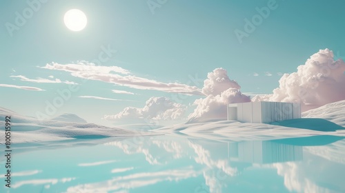 Vaporwave-inspired high-resolution photograph depicting an ethereal white desert, a minimal building, a sunlit lake, and fluffy clouds in a dreamy 80s scenario photo