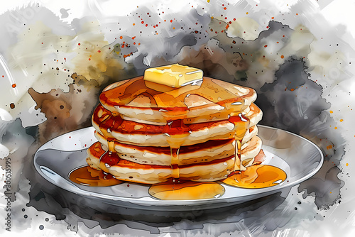 artwork showcasing a vector illustration of pancakes served with butter and syrup