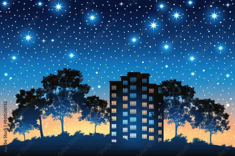 A night scene featuring a dark sky filled with twinkling stars above a multi-story building with illuminated windows