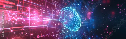 A futuristic and sleek banner design featuring a digital brain composed of mathematical symbols and binary code. The brain symbolizes the fusion of mathematics and computer science. Include a backgrou photo