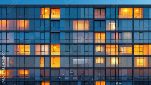 A very tall building with numerous windows filled with light in the evening