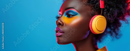 Young black woman with colorful makeup listening to music with headphones