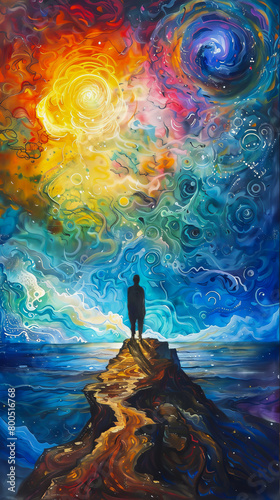 A painting of a person standing on a rock overlooking the ocean