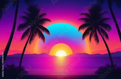 Illustration of a tropical background with sunset or dawn in neon light in retro style. Palm trees and the sun