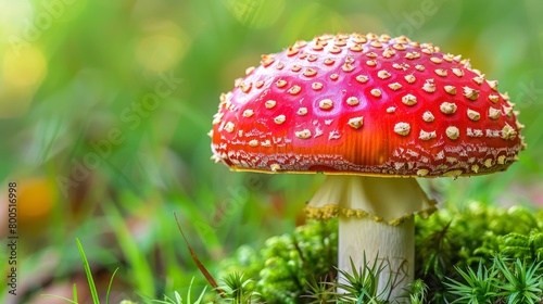  A tight shot of a scarlet mushroom atop mossy terrain, sporting tiny yellow specks on its cap