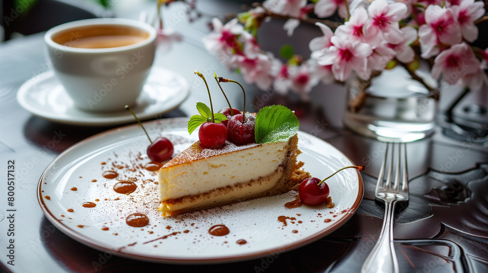 a cheesecake slice adorned with cherries, mint leaves, and powdered sugar on a white plate. caramel drizzle adds to its appeal. tableau also comprises a cup of coffee and a cherry blossom-filled vase 