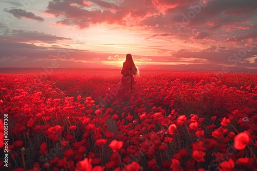 A solitary woman stands amidst a field of crimson blossoms, her identity concealed, her presence a haunting reminder of the fleeting beauty of summer evenings