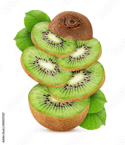 Kiwi fruit slice with green leaf flying in the air