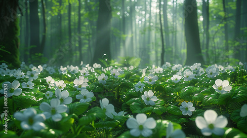 A tranquil woodland scene with delicate wood sorrel flowers carpeting the forest floor photo