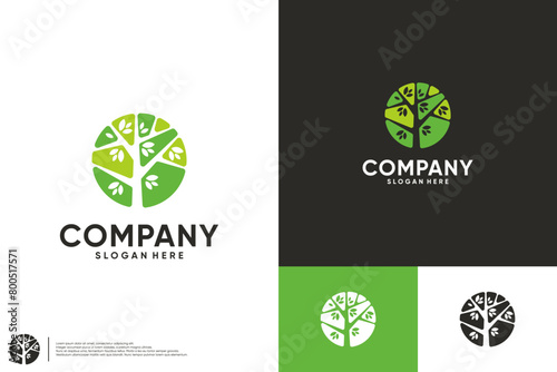nature logo with circular concept, trees and leaves, logo design inspiration.
