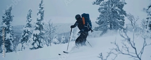 Man backcountry skis through snowy environment photo
