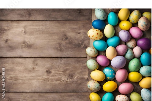 Colorful eggs against brown wood. violet and yellow and pink eggs