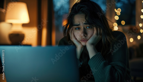 A close-up view of a woman looking anxious and worried at a screen. photo