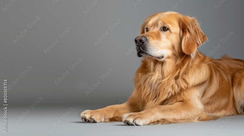 Dapper Golden Retriever Dog Resting on Plain Background, Space for Text Provided Dapper Golden Retriever Dog Resting on Plain Background, Space for Text Provided