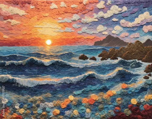 Beach landscape featuring crashing waves during a beautiful sunset with textured multi-media yarn and paint