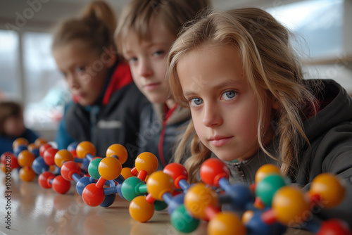 Bonding Models: Students construct models of molecular bonds using ball-and-stick or space-filling models, exploring the geometry and structure of molecules. They discuss the types photo