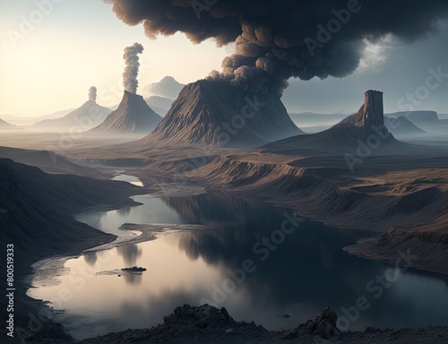 Post-apocalyptic wasteland planet with several volcanos erupting with large plumes of smoke photo