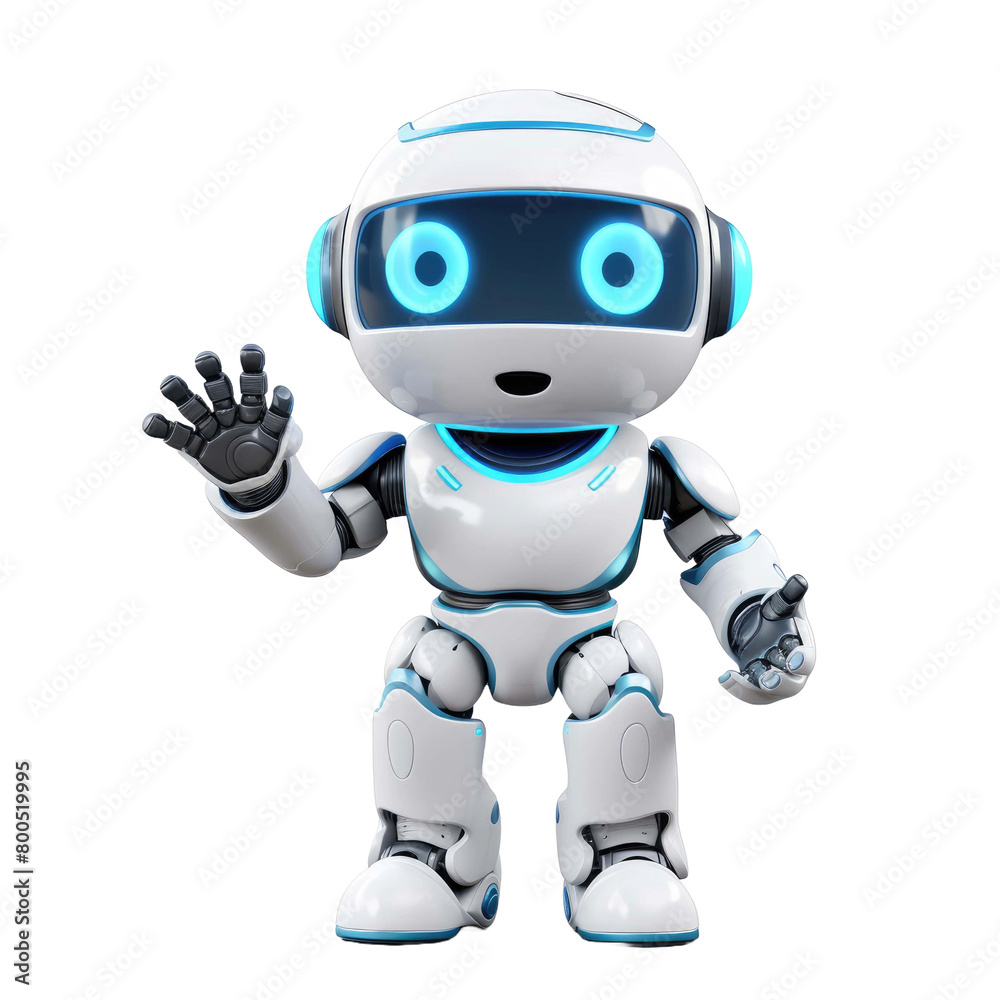 Android robot smiling and waving to greet humans on a transparent background Android robot smiling and waving to greet humans on a transparent background