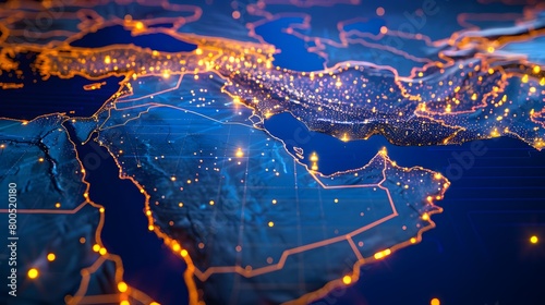 Abstract digital map of the Middle East, concept of  global network and connectivity, data transfer and cyber technology, information exchange and telecommunication	
