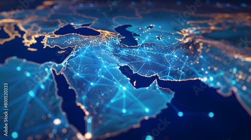 Abstract digital map of the Middle East, concept of global network and connectivity, data transfer and cyber technology, information exchange and telecommunication 