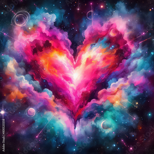 Vibrant colorful abstract space scene with stars and cloudy nebula forming into a heart shape