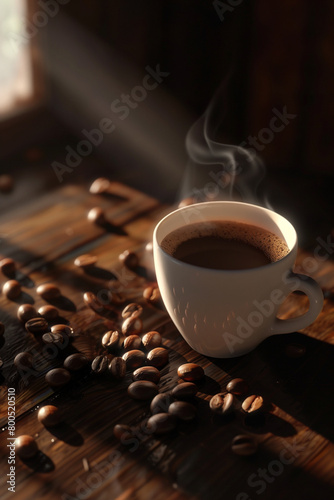 a white porcelain cup filled with steaming hot coffee, coffee beans scattered in the foreground on a dark wooden table. Soft morning light illuminates the scene, Generative AI