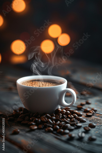 a white porcelain cup filled with steaming hot coffee, coffee beans scattered in the foreground on a dark wooden table. Soft morning light illuminates the scene, Generative AI