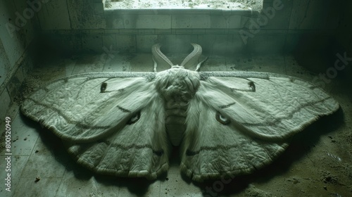 A large white moth rests atop a bedroom bed, with soft light filtering in through the open window