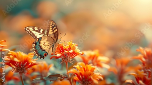   Butterfly atop orange-yellow flower, hazy background in blossom sea