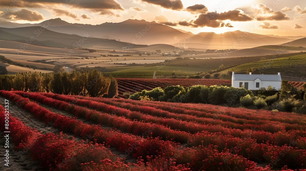 Vibrant South African Rooibos Farm at Sunset with Rows of Red Bushes and Farmhouse in the Background