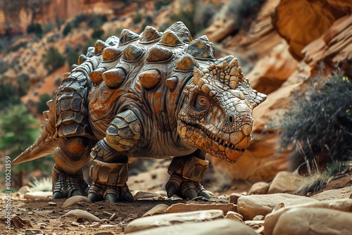 Behold the Ankylosaurus clad in formidable armor  exuding protection and power in a primeval landscape. The sturdy build of the armored Ankylosaurus stands out amidst rocky terrain and ancient foliage