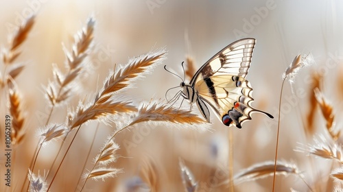   A tight shot of a butterfly atop a flower, surrounded by grass in the foreground and a vast blue sky behind