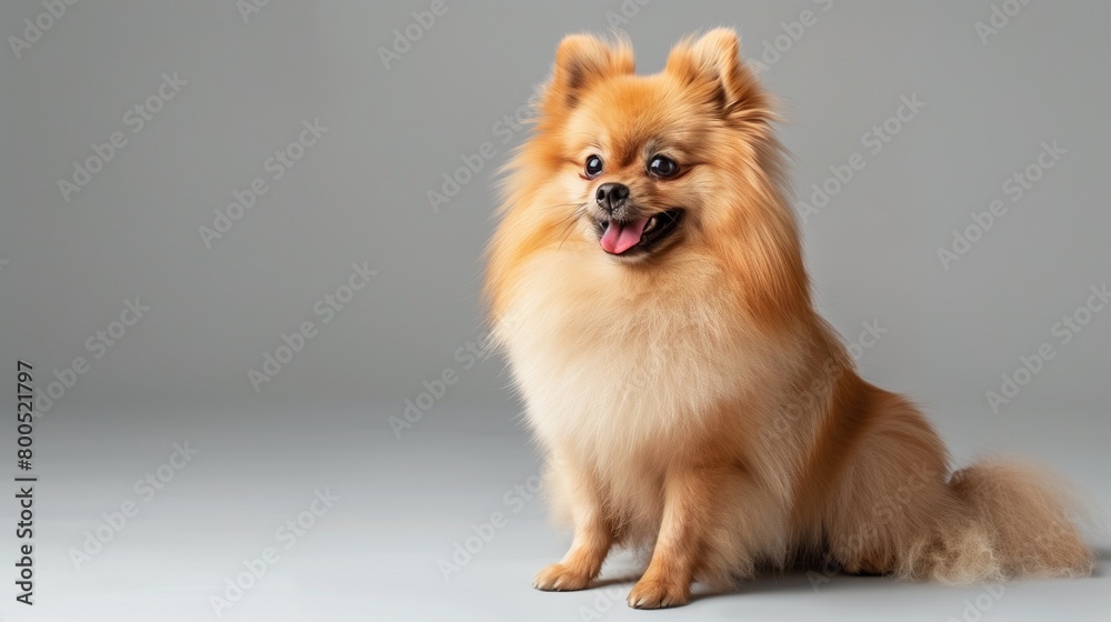 Chic Pomeranian Dog Sitting on Plain Background, Perfect for Text Addition Chic Pomeranian Dog Sitting on Plain Background, Perfect for Text Addition