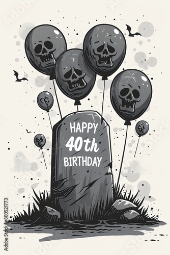 A monochrome gothic-themed birthday illustration with skull balloons, offering a humorously dark take on a 40th birthday celebration.
