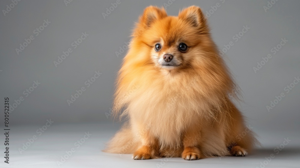 Chic Pomeranian Dog Sitting on Plain Background, Perfect for Text Addition