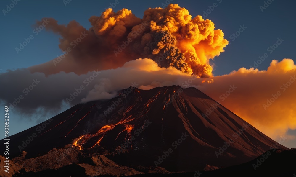 A strong volcanic eruption at sunset