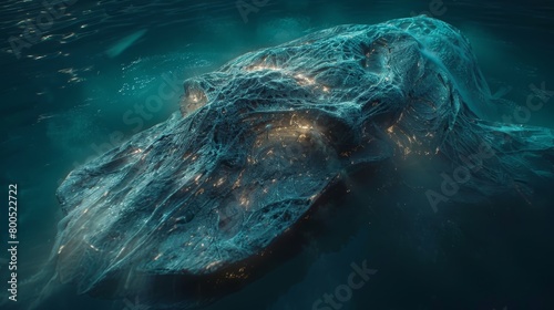   A large body of water topped with a considerable quantity of water, illuminated by lights beneath it